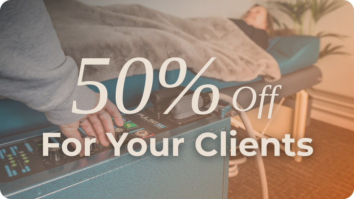 Person using a PEMF Therapy Machine with promotional text overlay '50% off For Your Clients' on a blurred background.