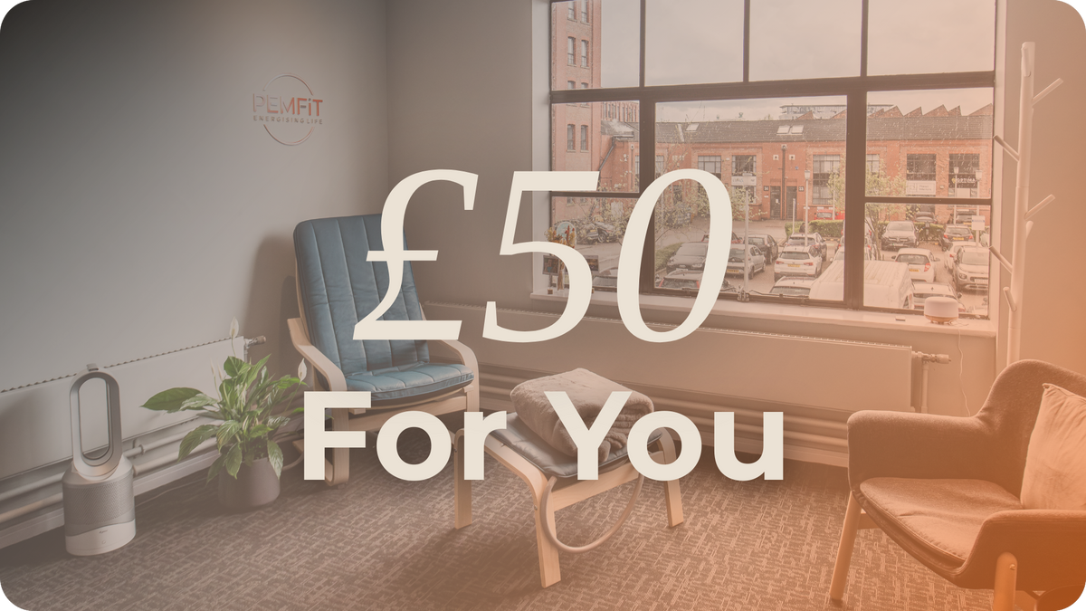 Modern office space with PEMF chair and a window, featuring text '£50 For You'.